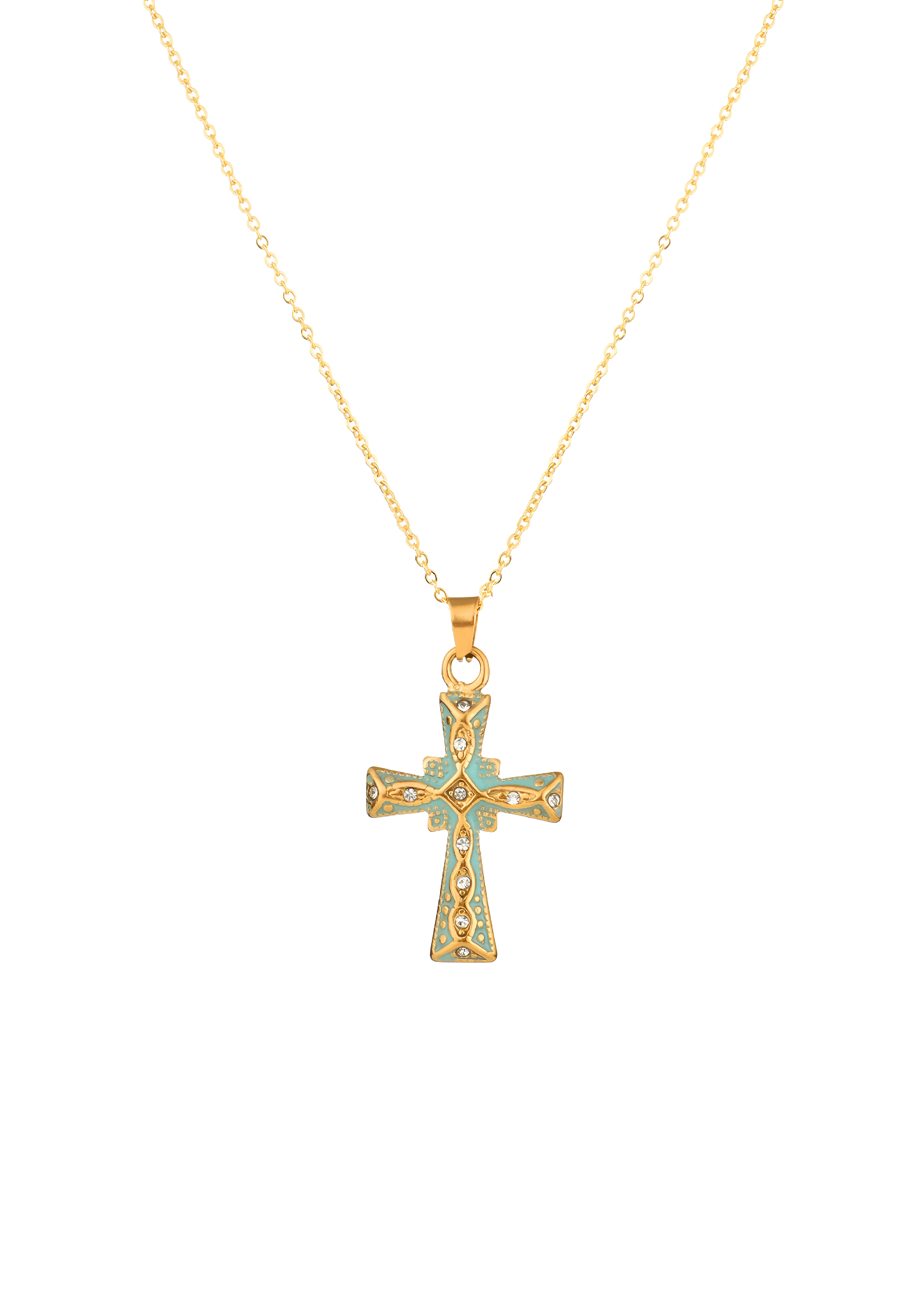 Benji Summer Mint Green Cross Golden Necklace