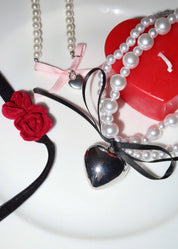 Valentine Black Bow Silver Heart Pearl Necklace
