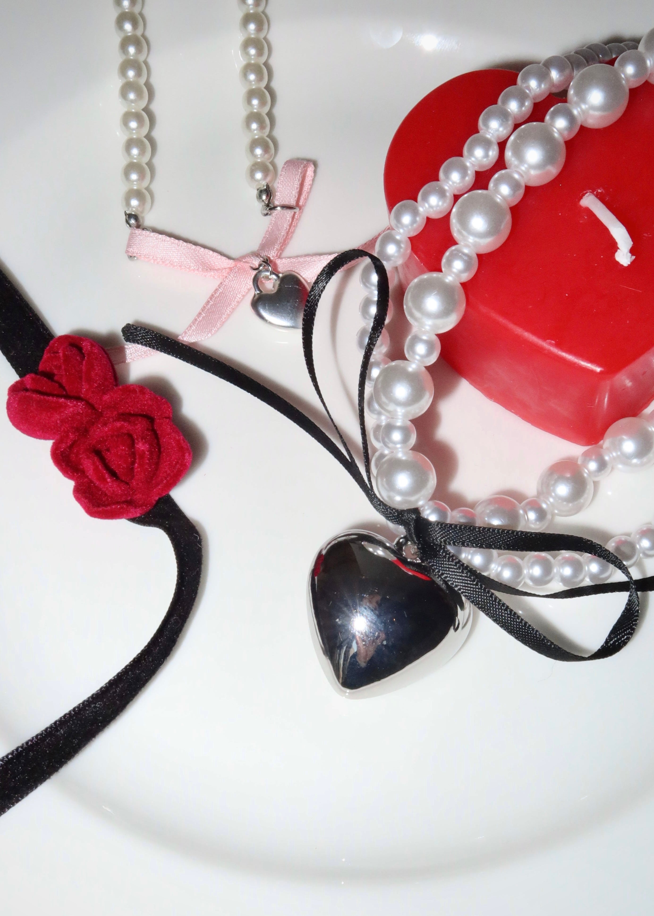 Valentine Black Bow Silver Heart Pearl Necklace