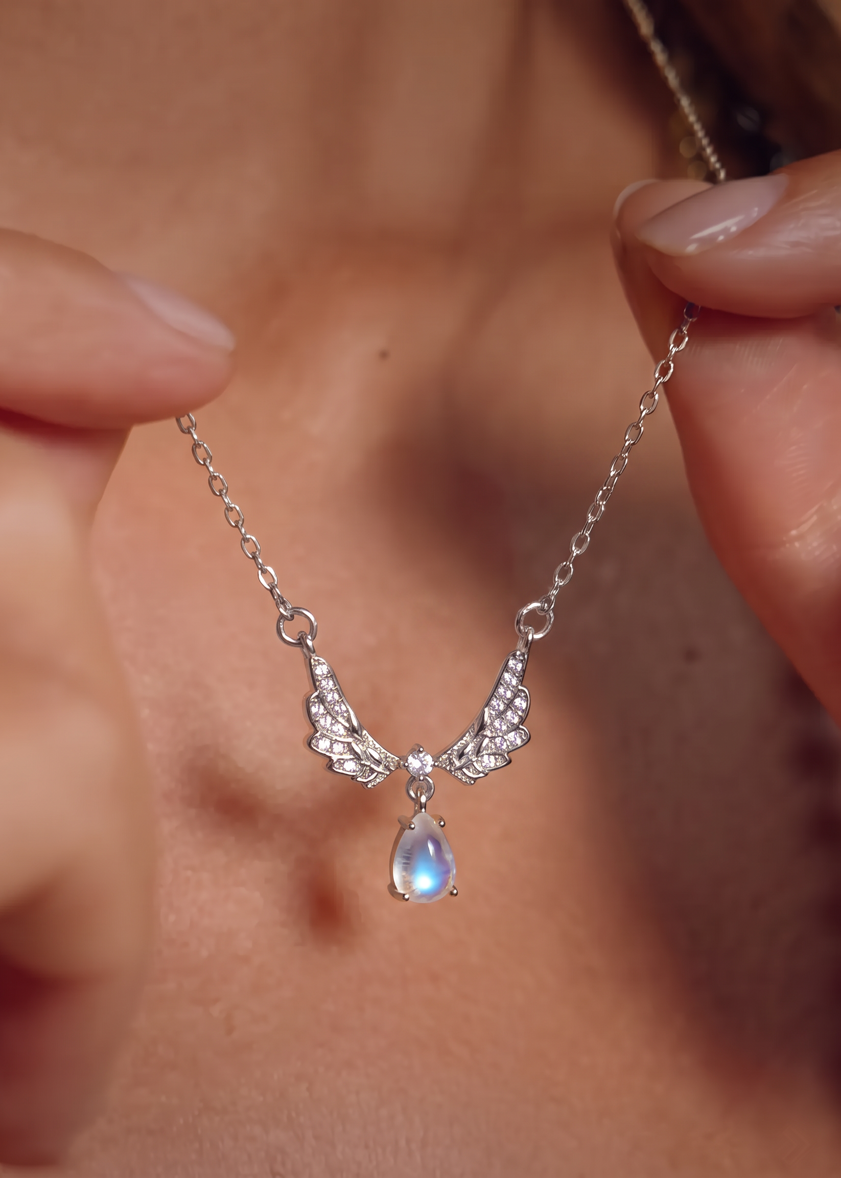 Moonstone Wings Necklace- Silver