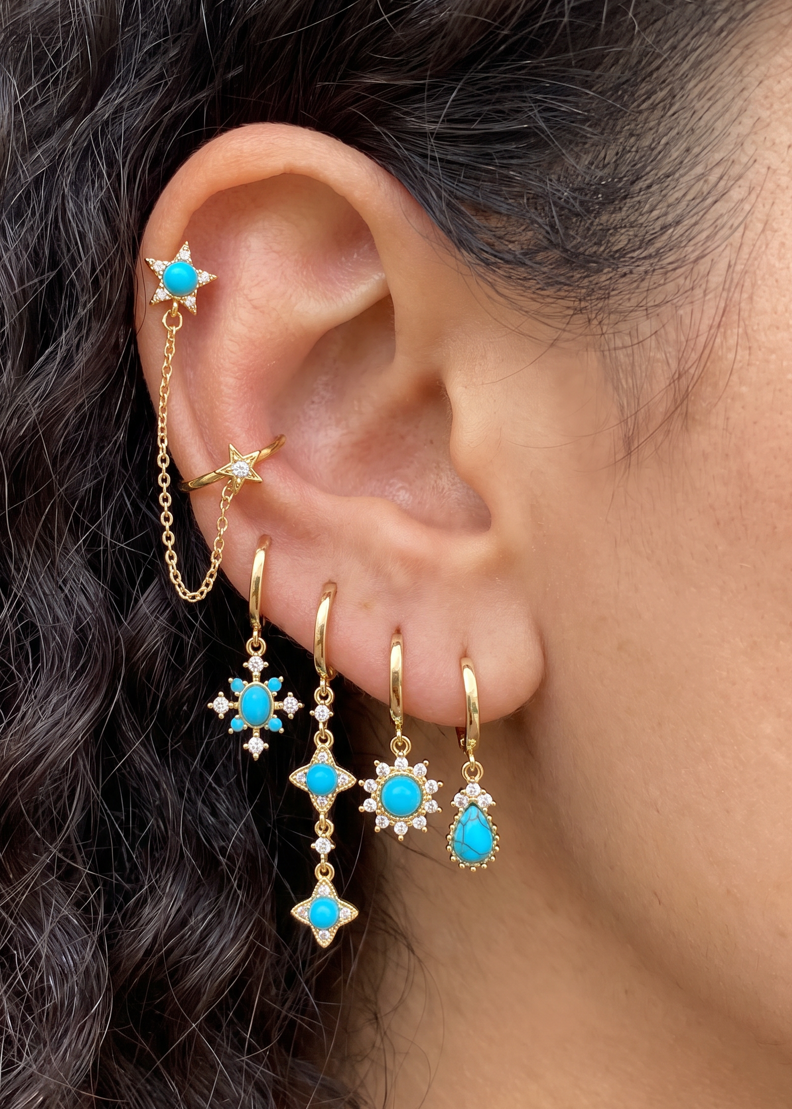 Petit Gaia Blue Turquoise Sun Golden Earrings Set