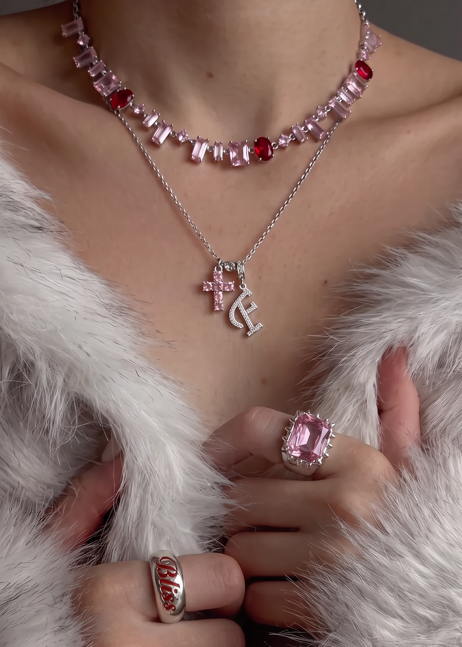 Pink Cross Alphabets Necklace - Silver